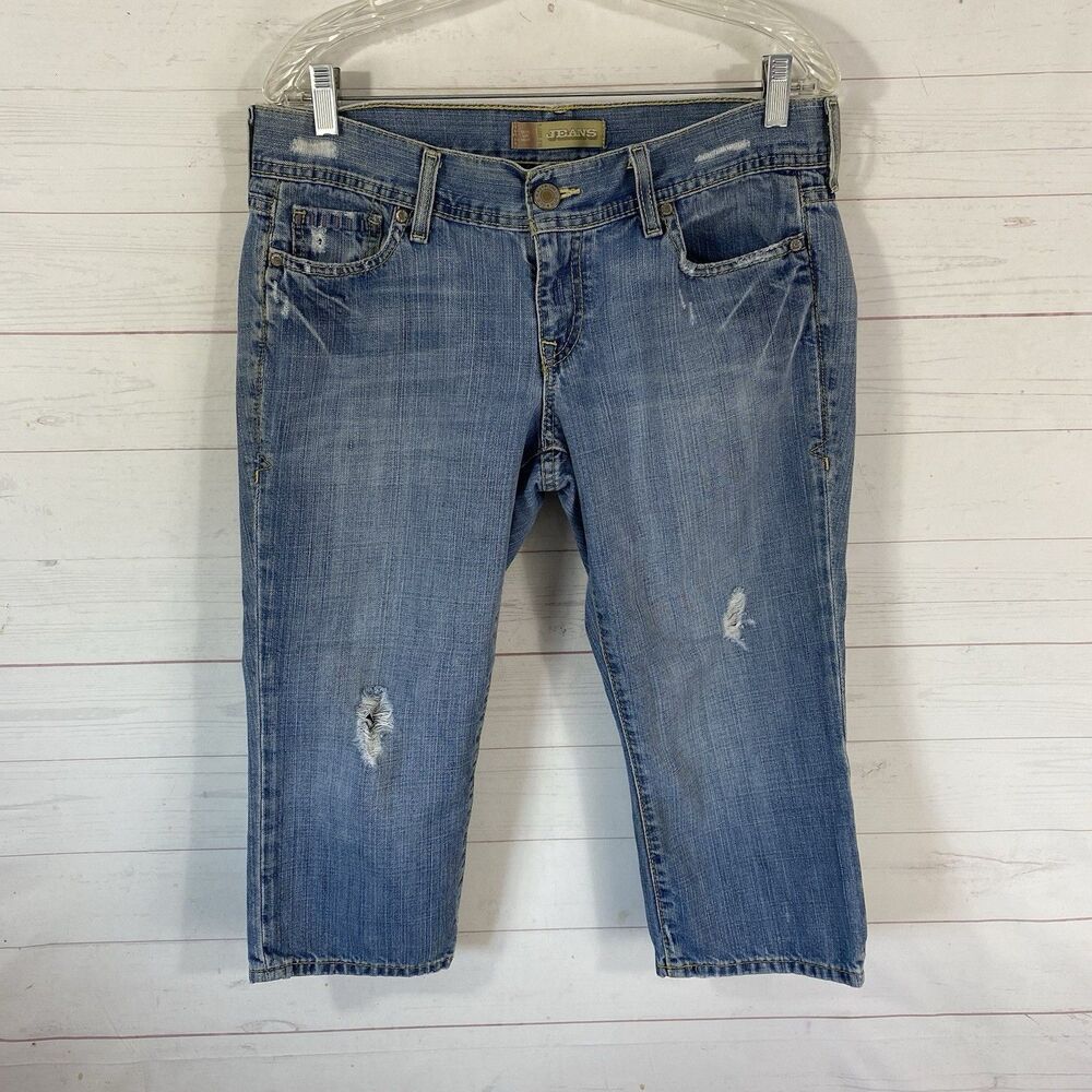 Old Navy Womens Ultra Low Waist Capri Jeans Sz 10 Blue Cotton Blend Distressed